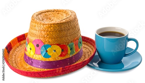 A still life of a festive woven hat with colorful decorations, and a blue coffee cup with saucer