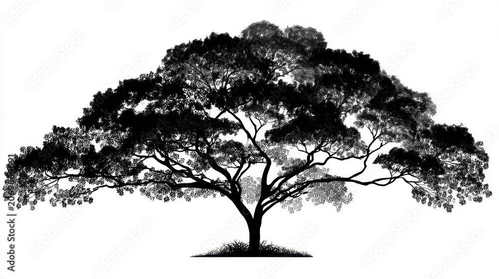 Fototapeta premium Majestic Silhouette of a Large Tree with Expansive Branches and Detailed Leaves on a White Background