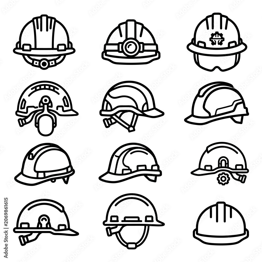 Fototapeta premium Comprehensive set of hard hat and safety helmet line icons, perfect for a construction icon collection, industrial protection gear, and head gear