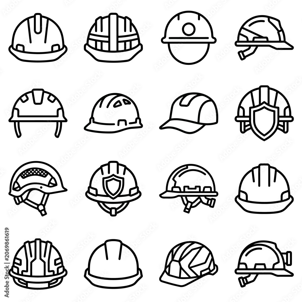 Fototapeta premium A comprehensive set of safety helmet and construction hard hat icon designs for industrial protection and worker safety equipment illustrations