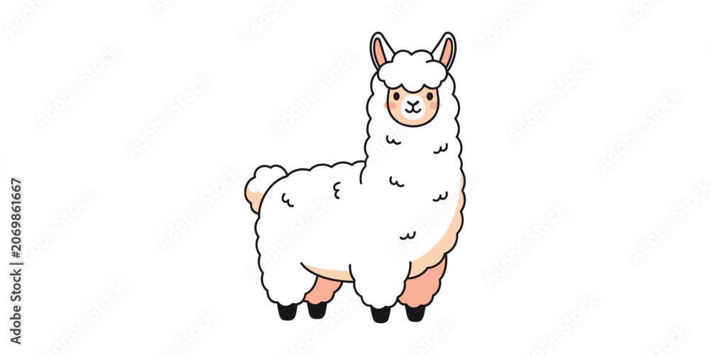 Fototapeta premium Cute fluffy white alpaca cartoon vector illustration with minimalist illustration character creature domestic wildlife stylized isolated vectorart livestock american standing friendly