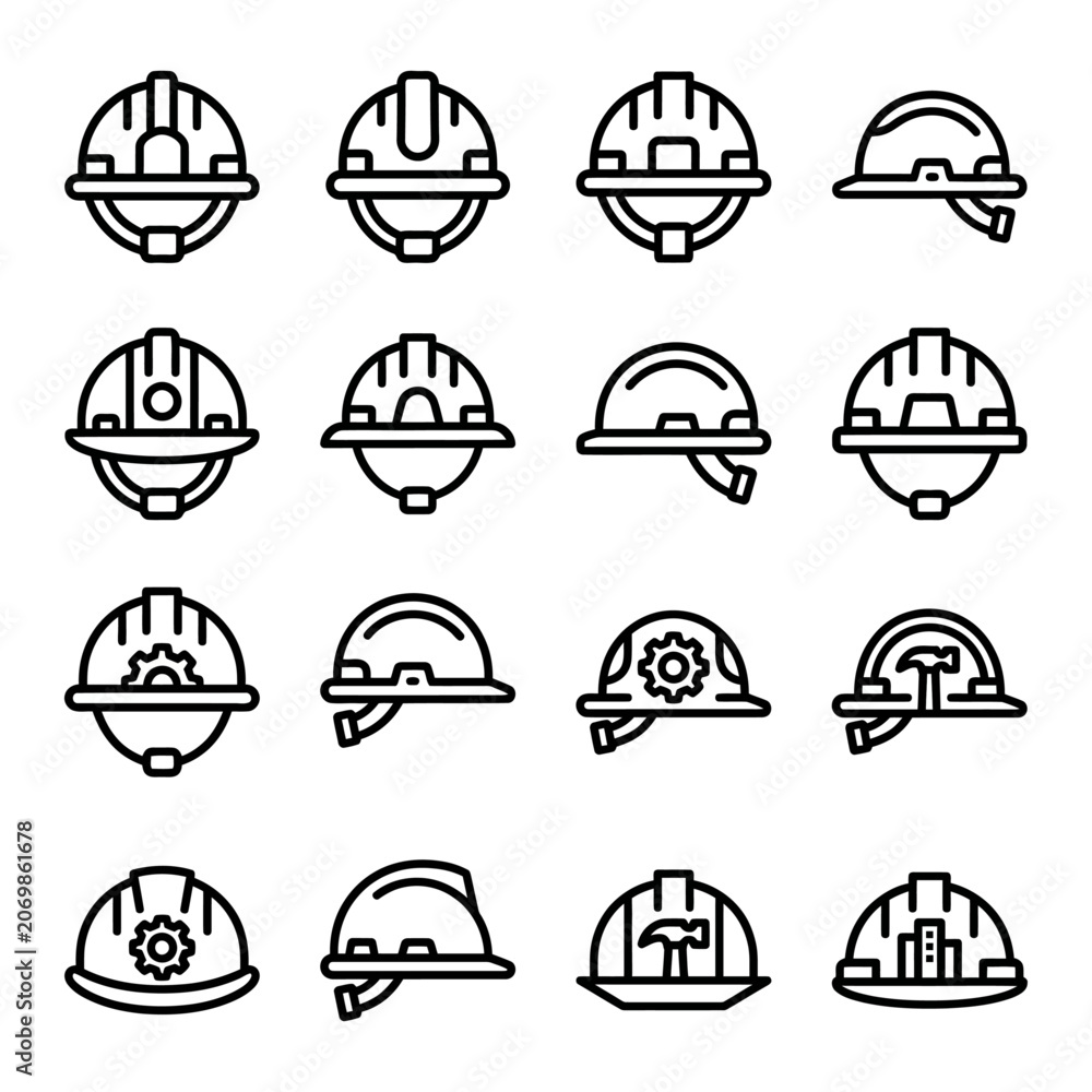 Fototapeta premium Comprehensive hard hat and construction icon set with safety helmet variations for industrial engineering and protective gear design projects.