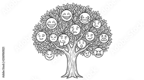 Fotografía Emoji Tree of Emotions: Diverse Feelings Illustrated on Branches, Black and Whit