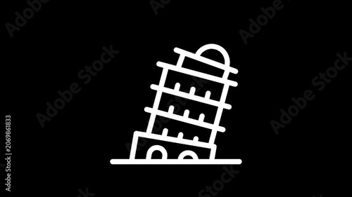 Iconic leaning tower illustration with a simple white outline on a black background