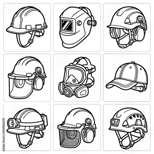 Collection of safety equipment and personal protective equipment icons featuring industrial helmet designs, welding masks, and respirator outline
