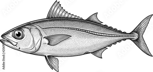 Detailed black-and-white scientific illustration of tuna or mackerel fish species with forked tail