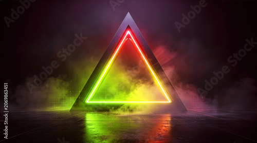 Futuristic dark scene featuring a large metallic Triangular gateway illuminated with glowing neon green, yellow, and red lights amidst a smoky atmosphere