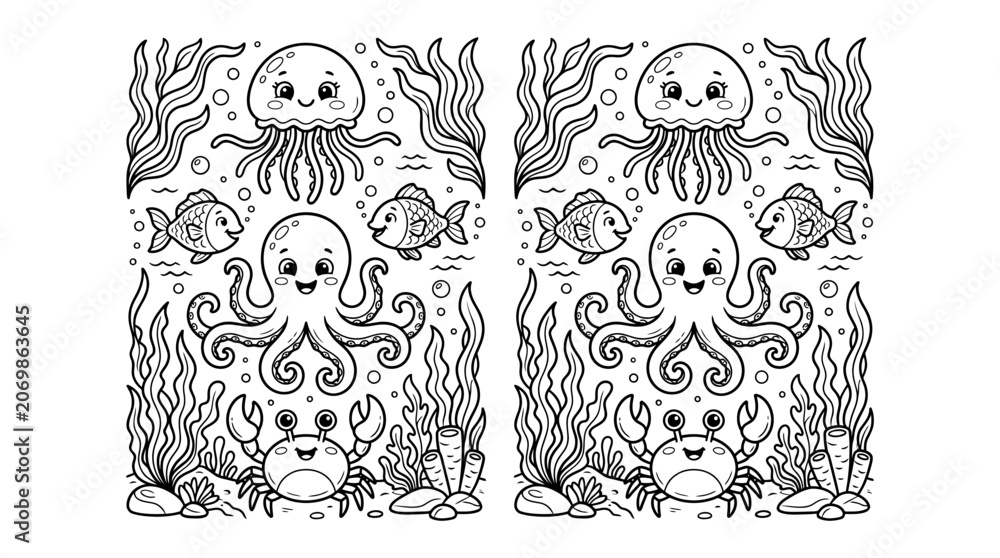 Obraz premium Cute Underwater Sea Creatures Coloring Page for Children Activities