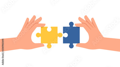 Obraz na płótnie Teamwork and collaboration concept with hands joining two puzzle pieces