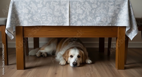 Dog Hides Under Table.