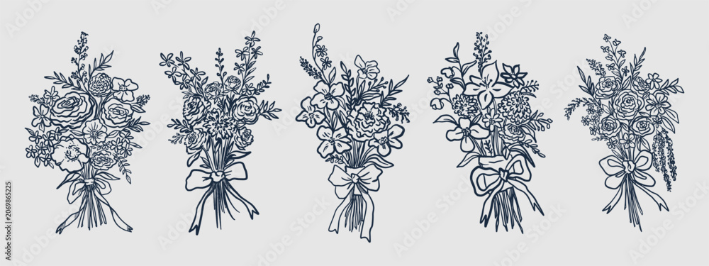 Fototapeta premium A collection of hand-drawn, vintage-style line art illustrations featuring floral arrangements—perfect for unique, whimsical, and charming wedding designs.
