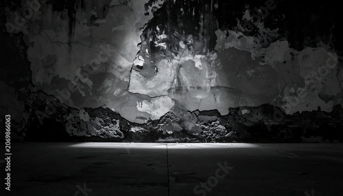 A stark, dark interior highlights a distressed, crumbling wall under a focused light. The floor features subtle lines