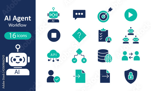AI Agent Workflow Icon set. Autonomous AI Agents, ML Nodes & Neural Bot Symbols for SaaS UI/UX. Solid icon collection.