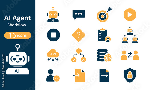 AI Agent Workflow Icon set. Autonomous AI Agents, ML Nodes & Neural Bot Symbols for SaaS UI/UX. Solid icon collection.
