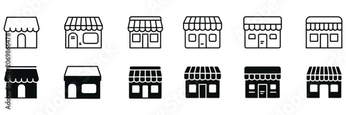 Obraz na plátne Store icon set, line and glyph shop symbols with outline marketplace building collection for retail, ecommerce and business design vector illustration