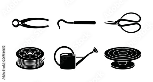 Set of Silhouette Icons Featuring Various Creative Crafting and Gardening Tools for Professional Manual Work and Artistic Hobbies