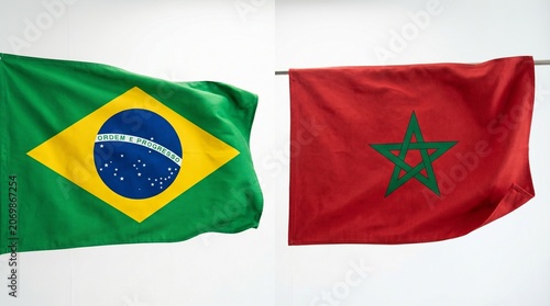 Flags of brazil and morocco waving side by side isolated on white background