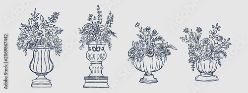 A collection of hand drawn line art style flowers and urns.