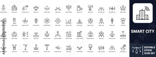 Smart city line art icons set smart sensor, smart building, smart home, smart traffic, smart meter, smart wifi, smart car, smart drone Web icon App icon Outline icon Editable stroke line art Vector EP