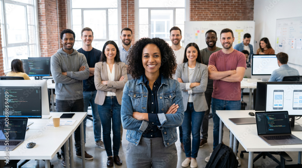 Obraz premium Diverse mobile app development team standing in modern startup office, led by female app developer, with programmers, designers, and product managers in technology workspace.