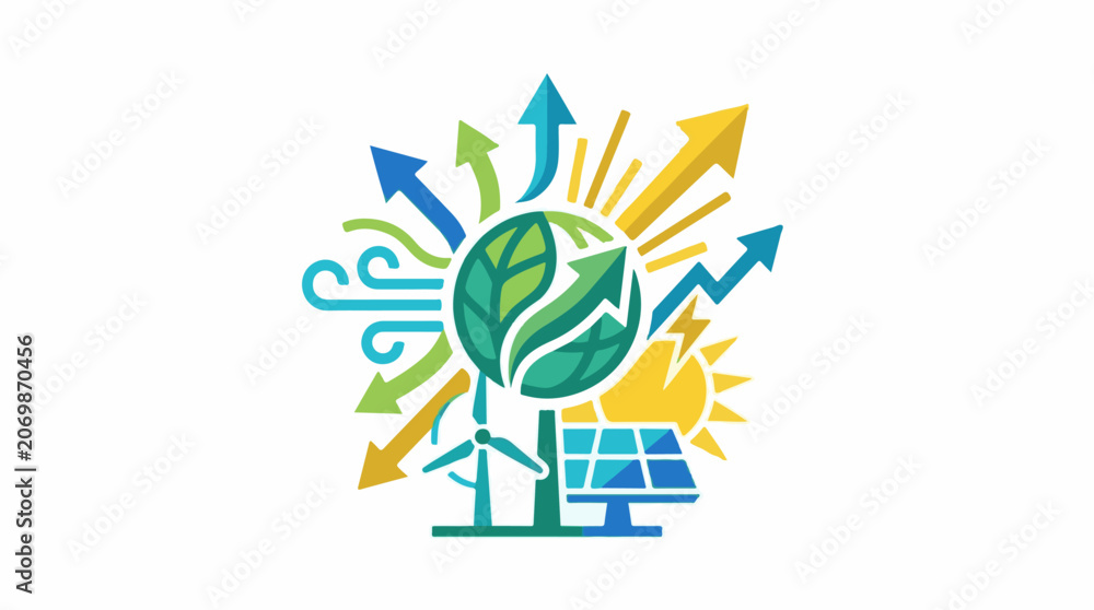 Obraz premium A colorful graphic illustration of a leafy green tree with a wind turbine and solar panel