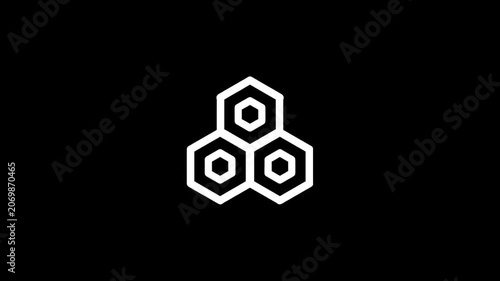 Three white geometric hexagons arranged in a triangular formation on a black background
