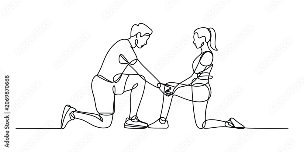 Obraz premium Man and woman doing fitness workout in continuous line art