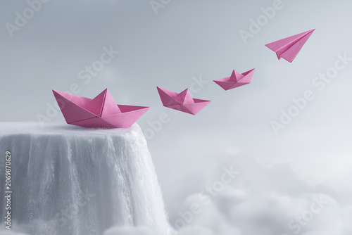 three paper boats, transitioning into paper airplanes, are depicted above and on a vibrant blue body of water with a cascading waterfal