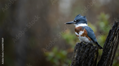 Cute belted kingfisher bird perched on a wet fence post