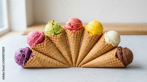Cuadro en lienzo Assortment of Five Colorful Ice Cream Cones in Waffle Cones Displayed in a Fan S