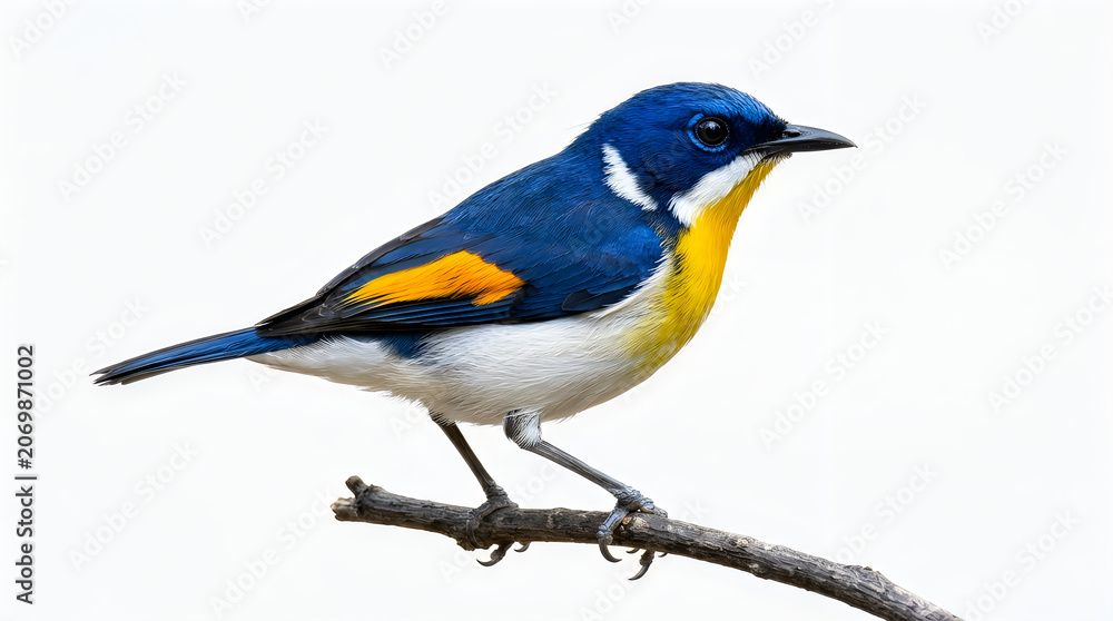 Fototapeta premium Cute bird animal vivid blue and yellow fantail perched on branch