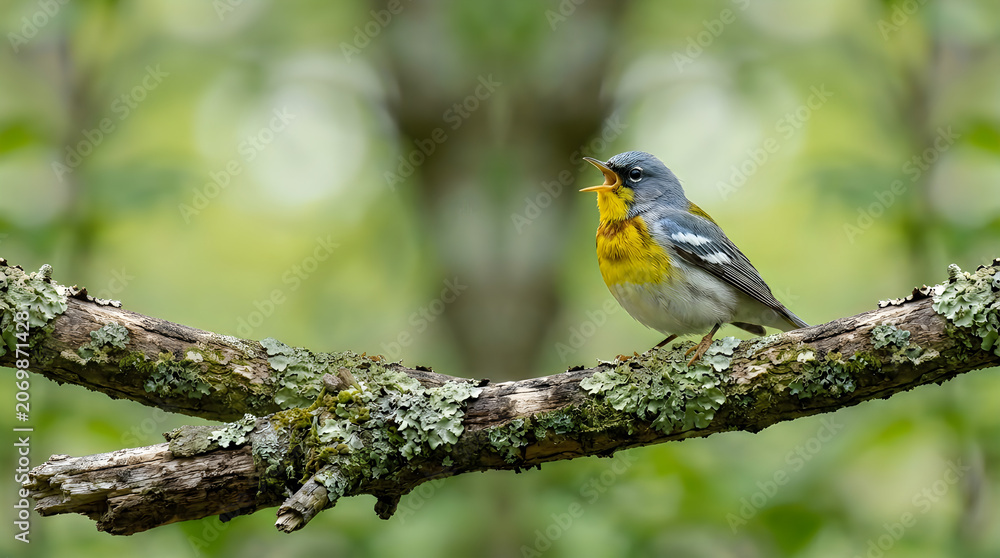 Obraz premium Cute bird animal vibrant cerulean warbler singing on branch wildlife photography
