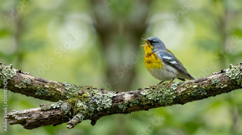 Cute bird animal vibrant cerulean warbler singing on branch wildlife photography