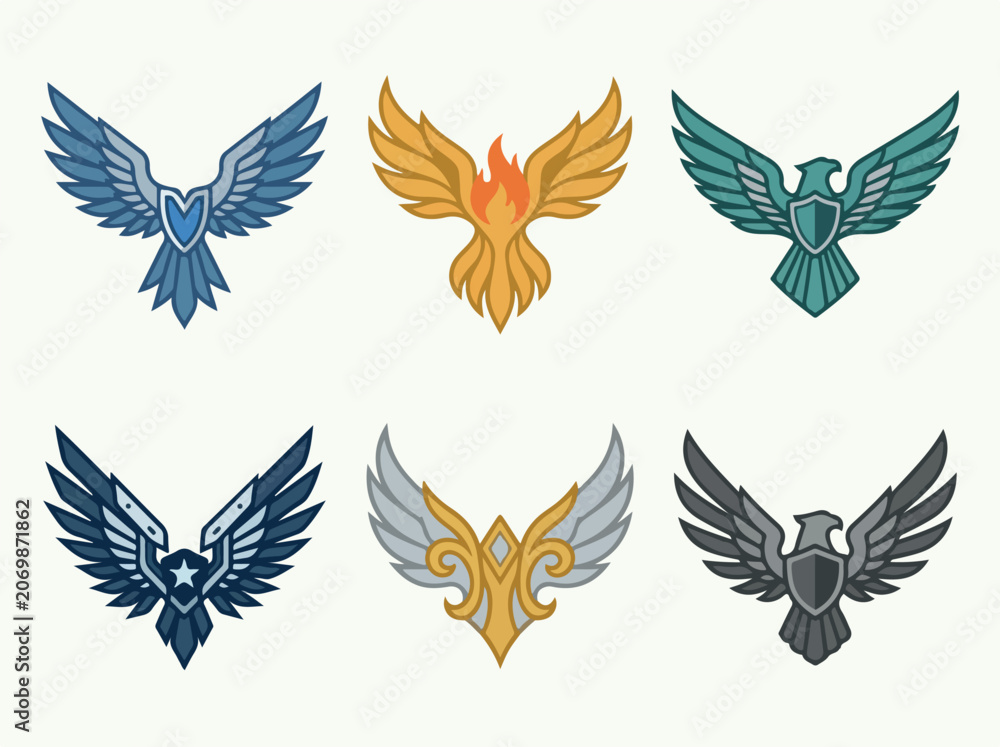 Fototapeta premium Set of six colorful stylized eagle emblems with wings spread in various colors and designs for logos or branding