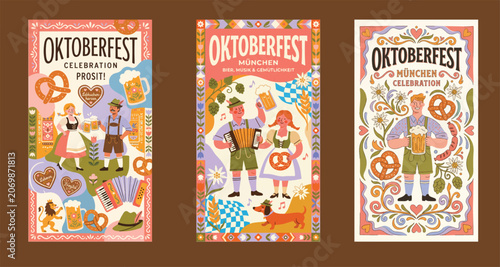 Oktoberfest celebration posters with colorful illustrations of people, beer, and traditional german food on festive backgrounds with text in german and english for munich event
