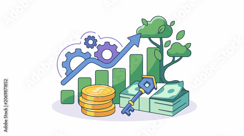 A colorful cartoon graphic depicting a growing tree with a bar graph coins and a key