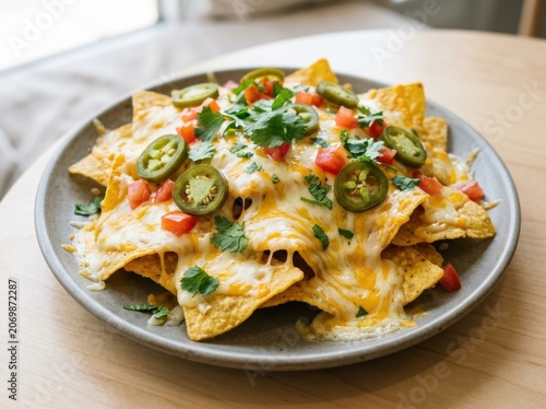 Deliciously cheesy nachos topped with jalapenos, tomatoes, and cilantro served on a gray plate