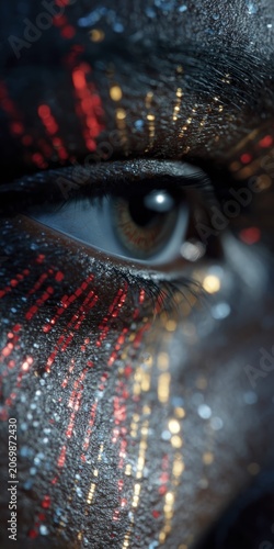 Extreme closeup of a human eye with shimmering red and gold glitter makeup accents and wet reflections