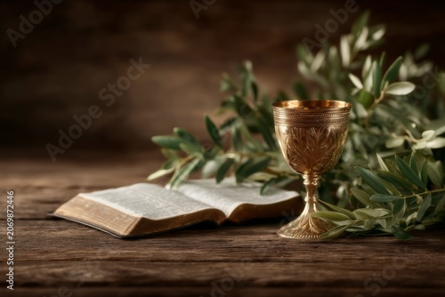 Golden chalice and open holy bible with olive branches on rustic wooden table for christian worship