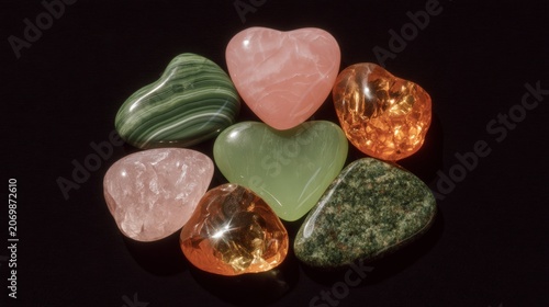 Collection of polished heart shaped healing crystals arranged in circular pattern on black background
