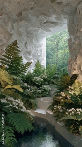 Modern architectural interior design featuring white paper art installation with lush tropical ferns
