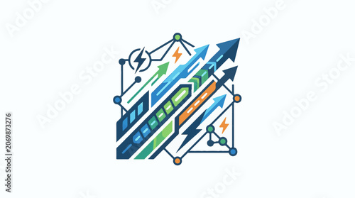 A colorful abstract graphic with arrows and geometric shapes