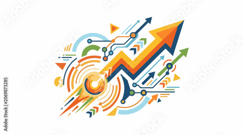 A colorful abstract graphic with arrows and charts