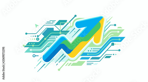 A colorful abstract graphic with arrows and circuit board lines