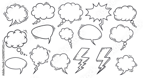 Collection of Hand Drawn Speech Bubbles and Lightning Bolts.