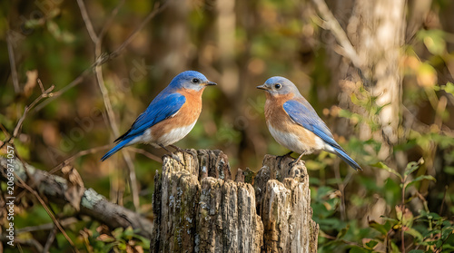 Cute birds perched on a tree stump eastern bluebirds in nature