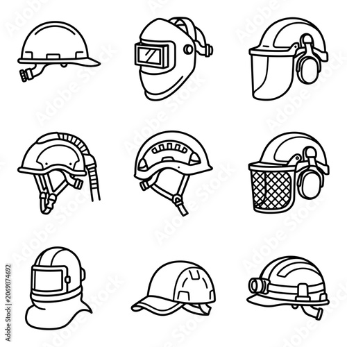 Black and white hard hat and safety helmet icon featuring earmuffs for industrial protection and ppe equipment for construction and workplace safety.