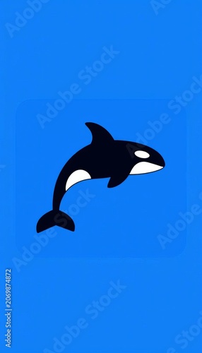 Orca icon in negative space within a blue square, Square composition, Abstract shape