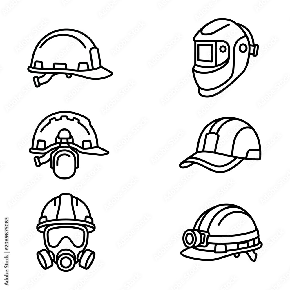 Fototapeta premium Industrial protection icon featuring a hard hat safety helmet equipped with a face shield and earmuffs, representing occupational health and safety