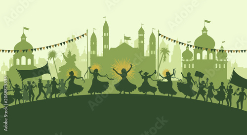 Silhouettes of people celebrating a festival with dancing and flags.